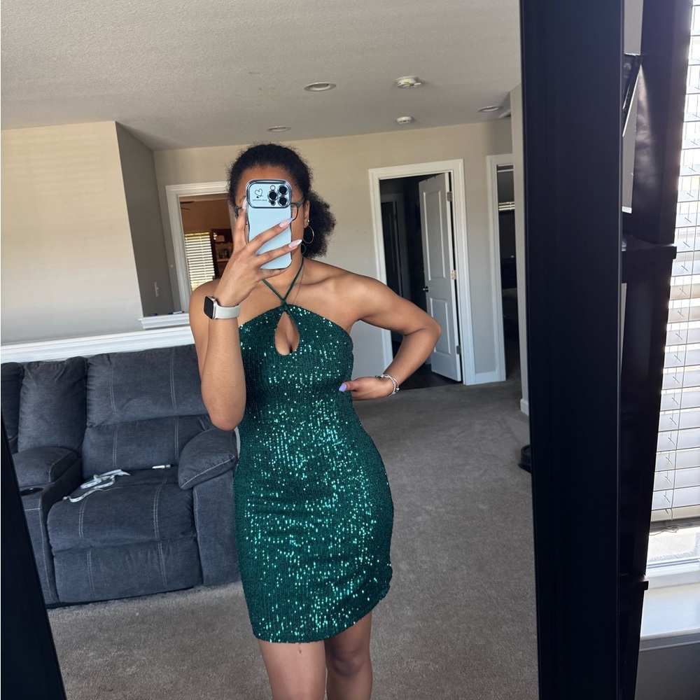 Juniors SO Green Sequin Halter Mini Dress